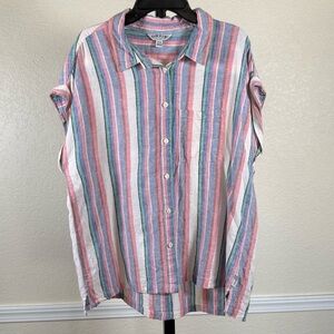 Orvis Multicolor Striped Linen Button Down Coastal Oversized Relaxed Fit Summer